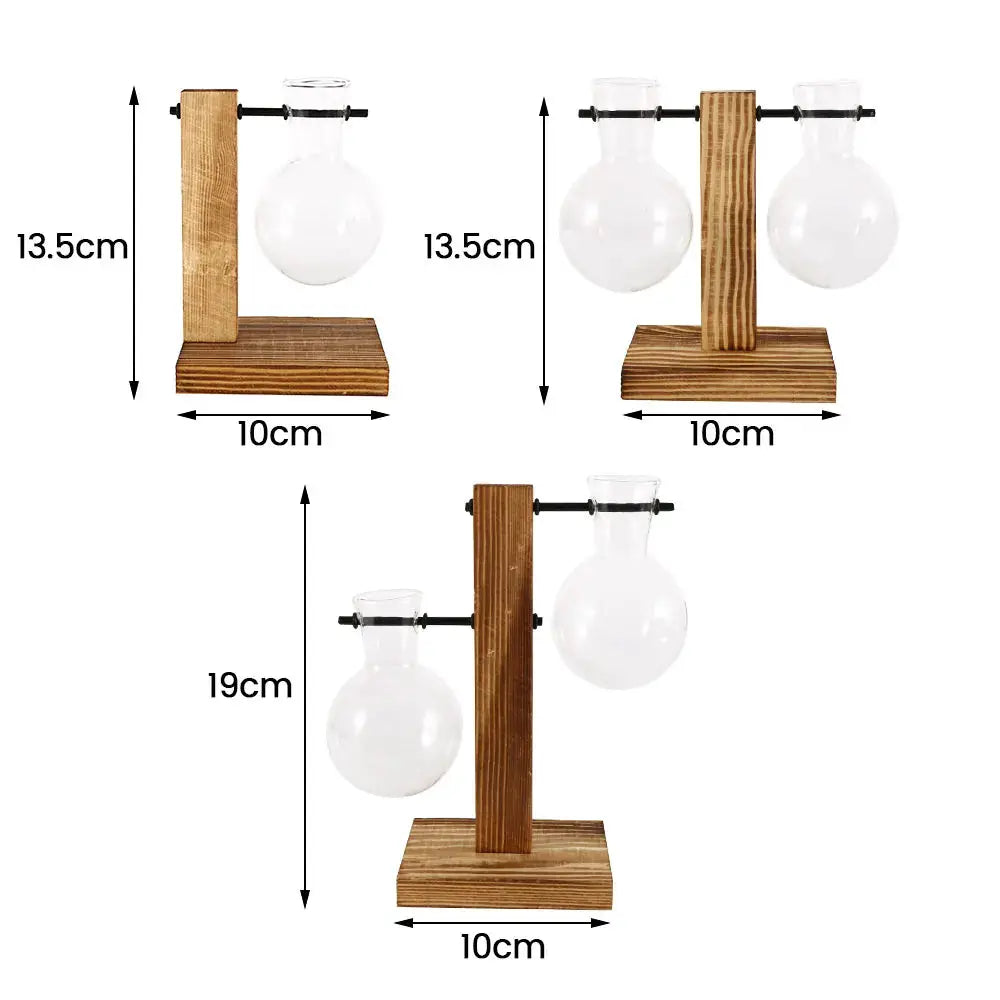 Creative glass desktop planter with wooden stand and bulb vases; 1–2 vase configurations