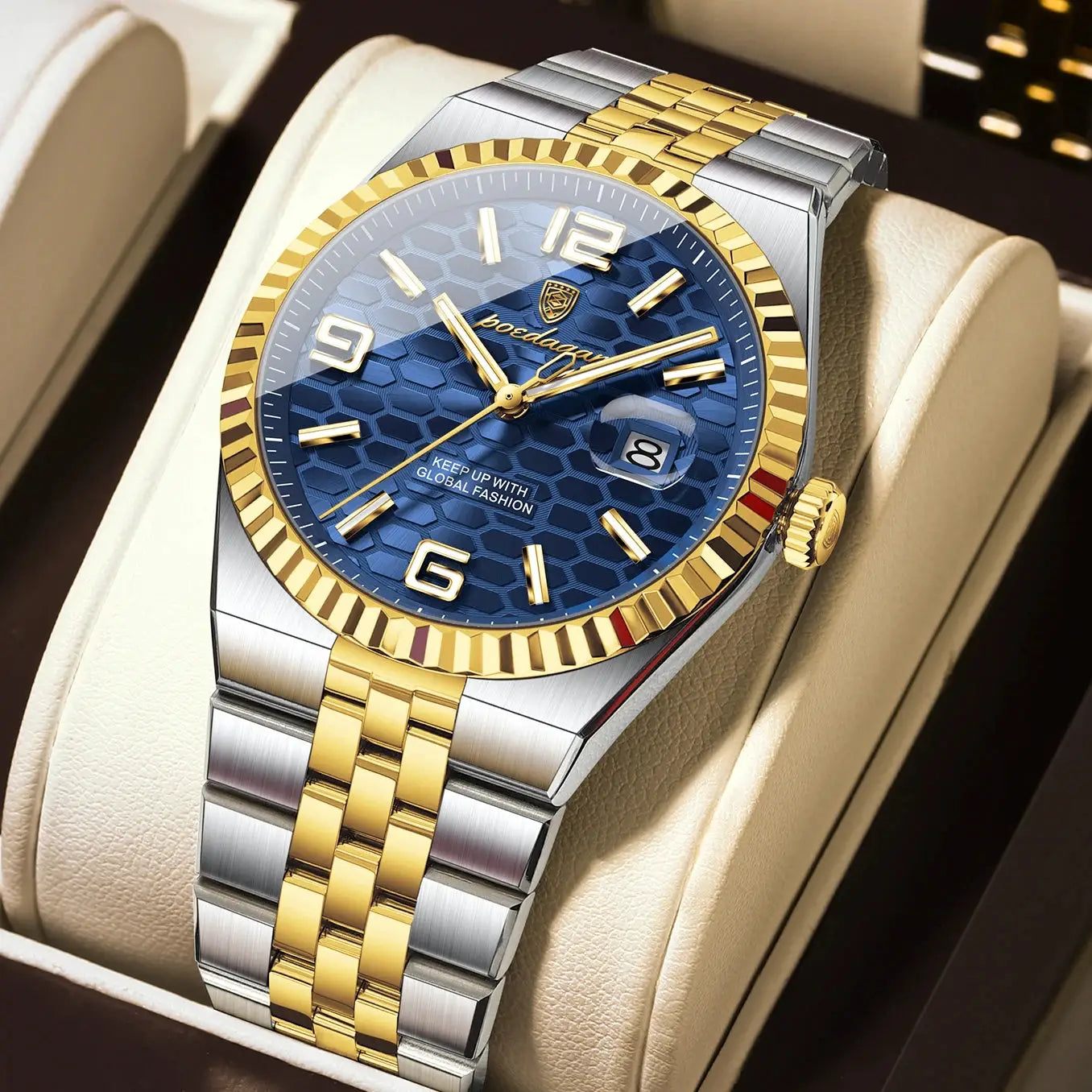 POEDAGAR men's luxury watch with blue honeycomb dial, gold bezel, two-tone stainless steel bracelet and date window