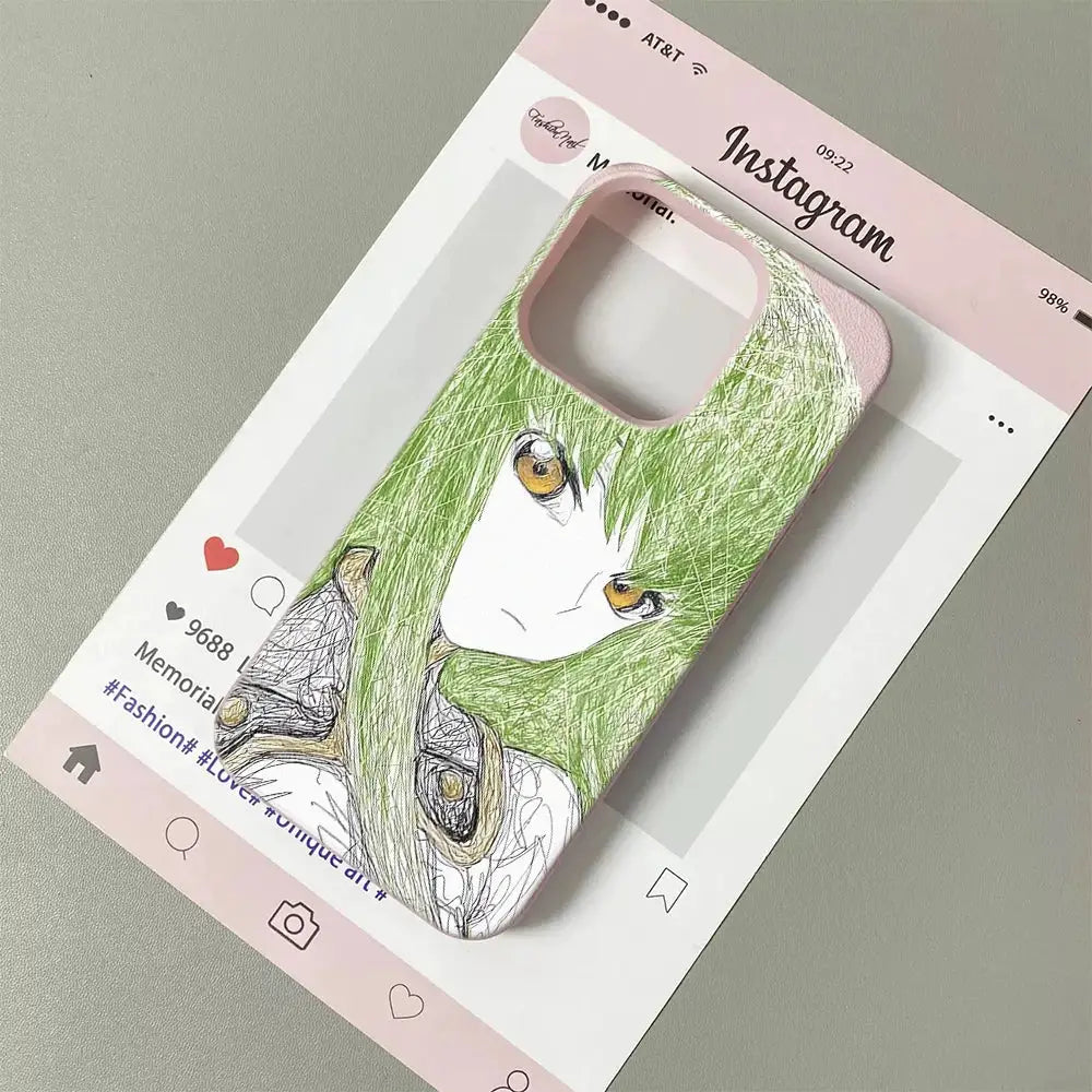 KawaiiCase Anime Sketch Green Haired iPhone Case For 11 Pro Max To 17 Pro Max Clear Half Wrapped Silicone Protection