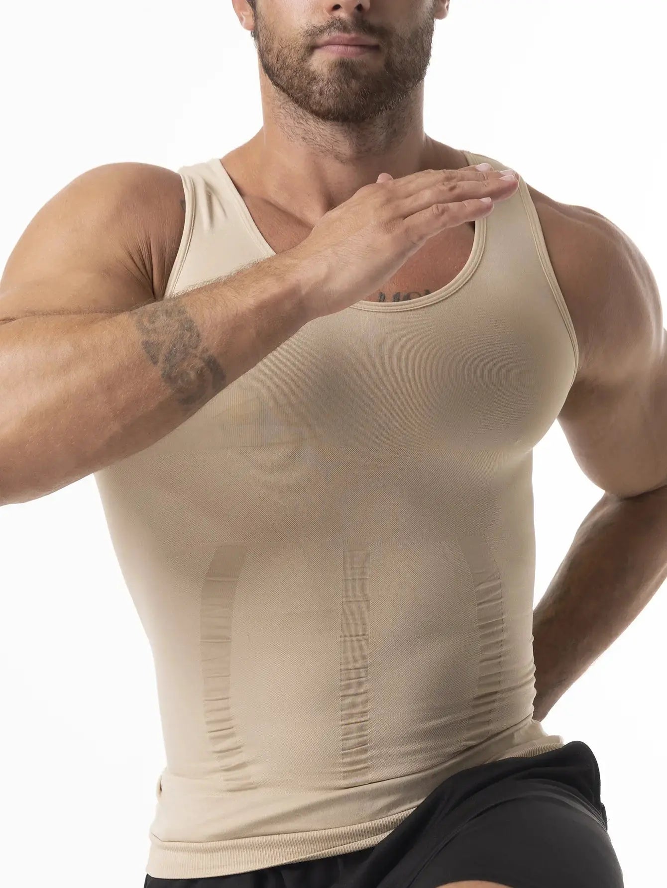 Men's compression vest, beige sleeveless shapewear body shaper for tummy control