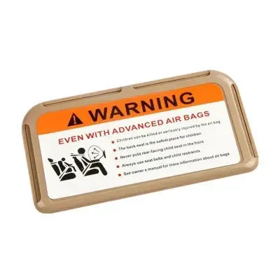 Car card clip sun visor organizer in beige plastic with orange warning label