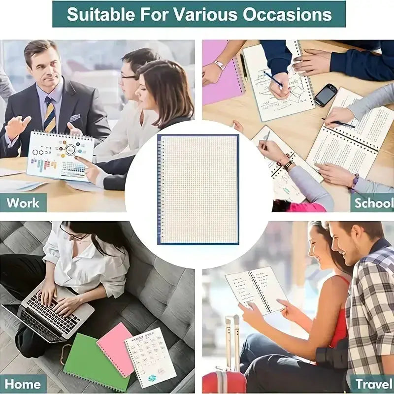 Grid Notepad A5 spiral-bound notebook with grid pages; blue-edged, shown for work, school, home, and travel