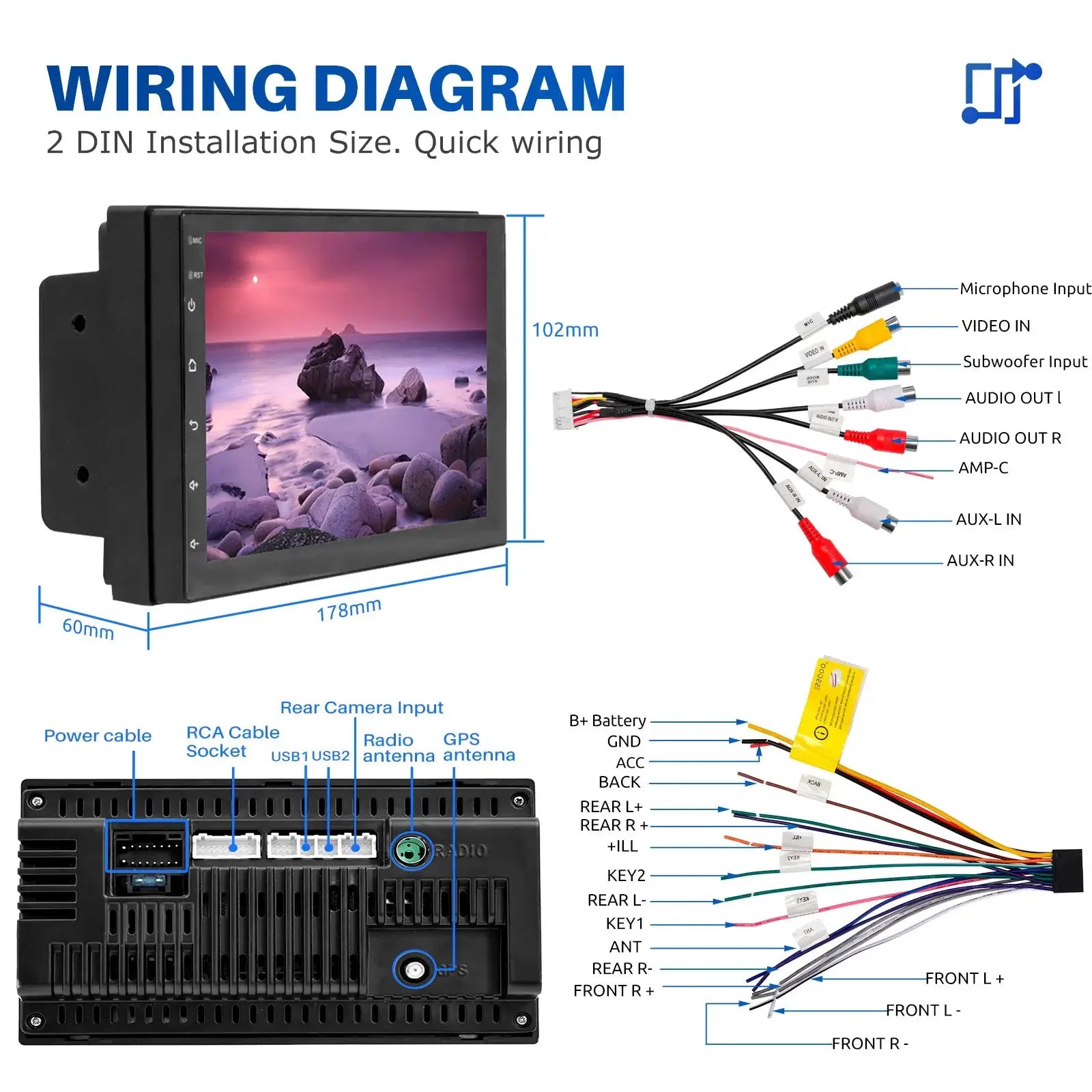 Car stereo ESSGOO 7/9/10-inch touchscreen black with Android Auto/CarPlay and wiring harness