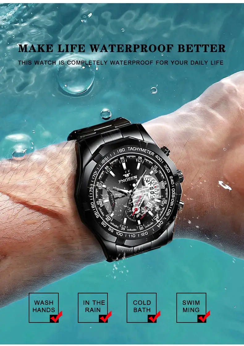 BINBOND men's stainless steel quartz wristwatch, black, luminous, waterproof, auto date