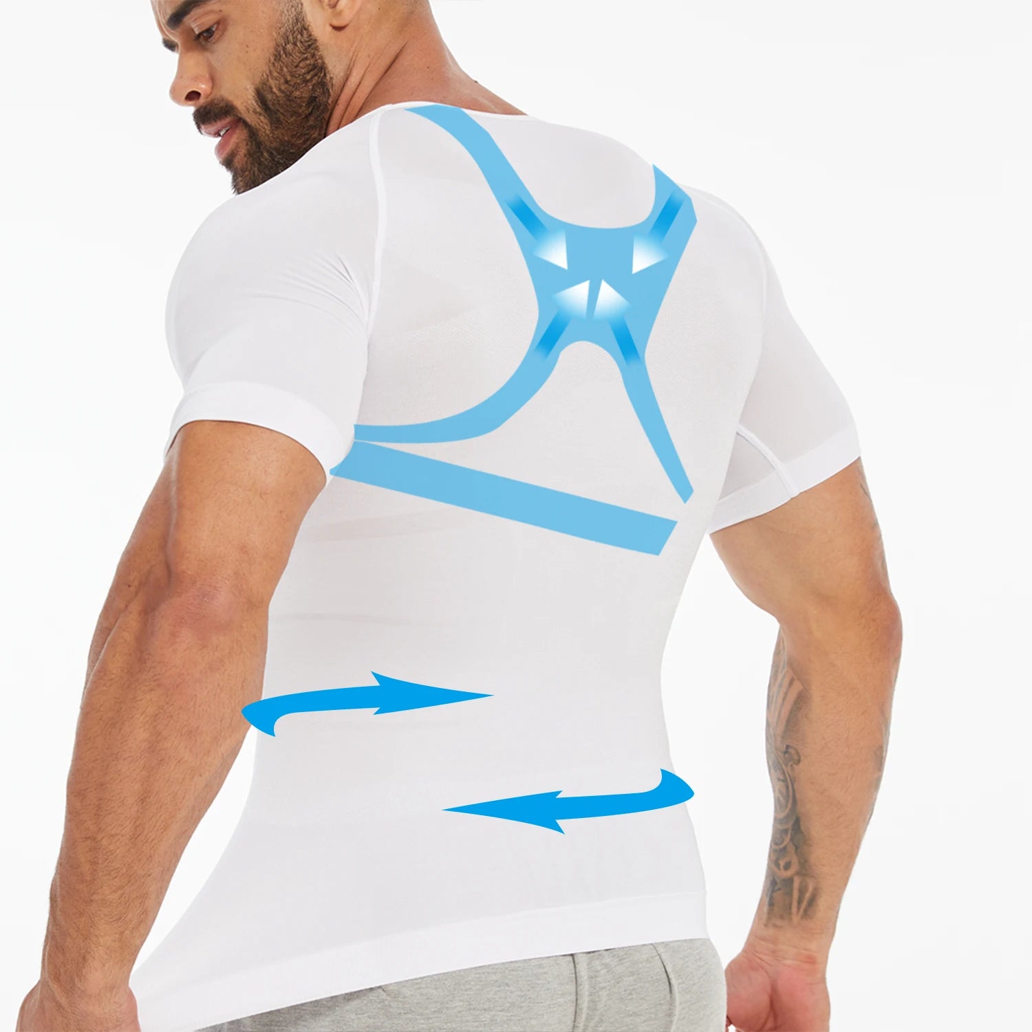 Men's white short-sleeve compression shirt with blue back-support graphics for tummy control