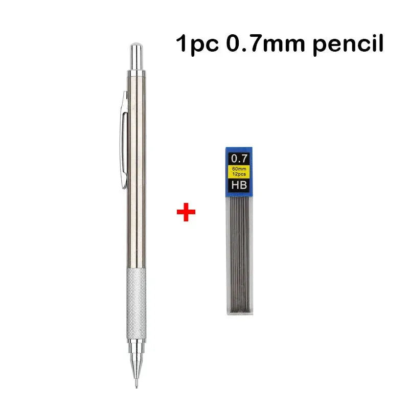 Simples Market metal mechanical pencil with silver body and 0.7mm HB leads; includes 1 pencil and lead pack