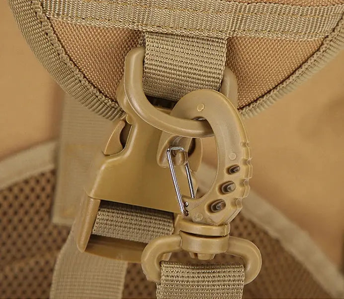 Tactical Military Sling Bag in tan with MOLLE webbing and quick-release buckle