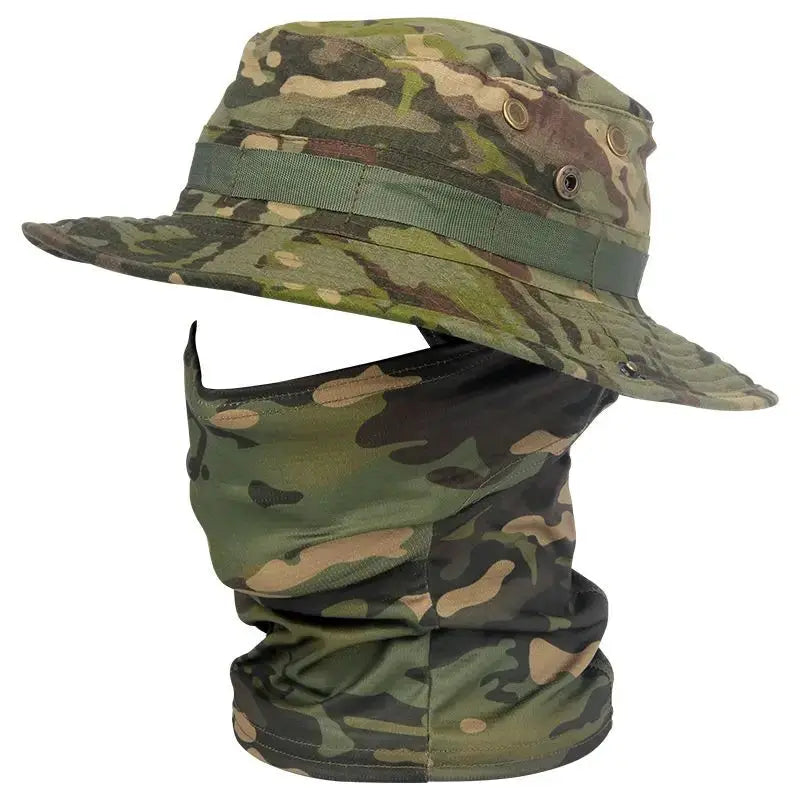 Boonie hat with neck gaiter in woodland camouflage by Simples Market, adjustable for outdoor sun protection