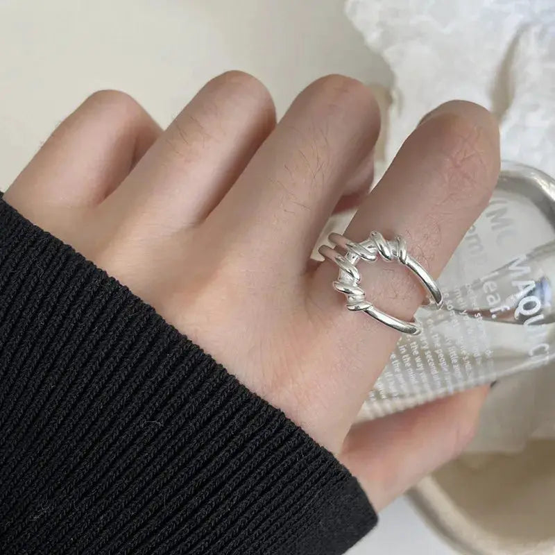 Ventfille 925 Sterling Silver Rings Fashion Hip Hop Vintage Couples Hollow Lines Punk Silver Party Adjustable Jewelry