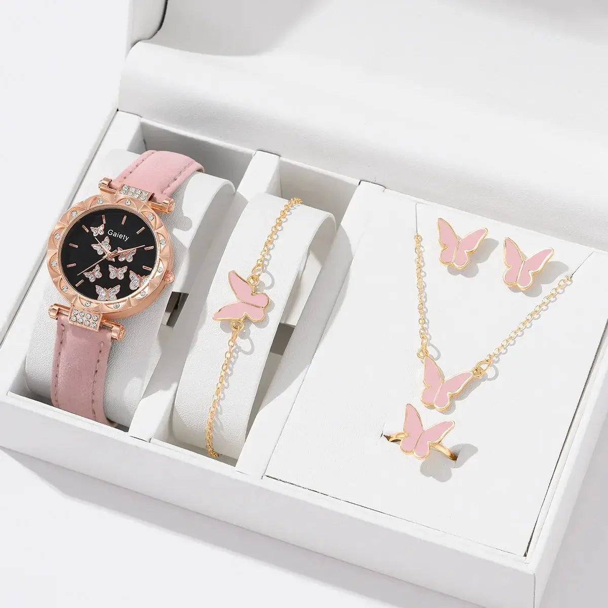 Butterfly Lane Watch Set Leather Strap Quartz Wristwatch With Matching Ring Necklace Earrings Bracelet