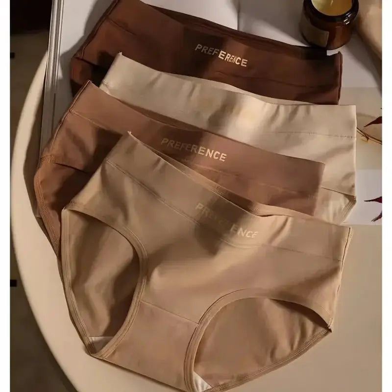 Women cotton mid-waist briefs in warm tan tones; breathable, soft 4-pack underwear set