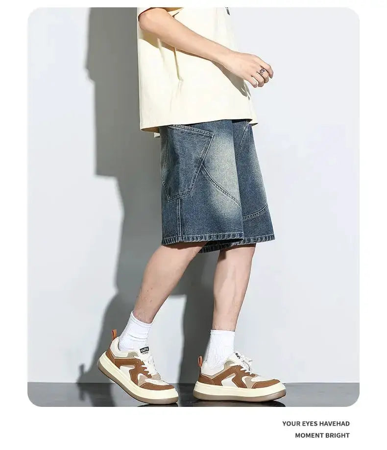 Baggy denim shorts in vintage wash, knee-length straight-leg, men's streetwear with drawstring.