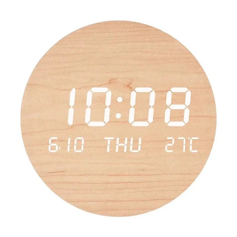 Round wooden LED digital wall clock displaying time, date, day and temperature