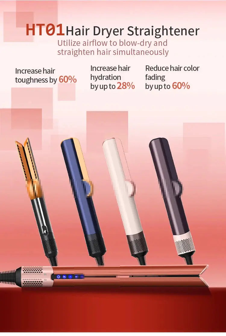 HT01 hair dryer straightener by Simples Market; four color variants shown with base unit and control panel