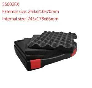 Toolbox black plastic case with foam-padded interior and red latches