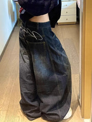 Y2K Baggy Cargo Jeans For Women Blue Washed Wide Leg Trousers