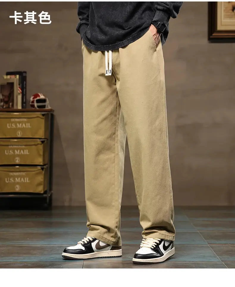 HIQOR men's casual pants with drawstring waist, khaki cotton, loose straight wide-leg fit