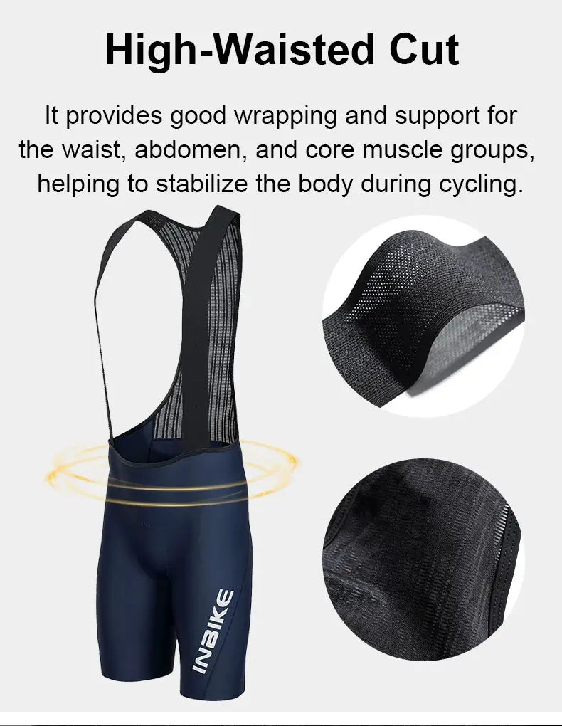 INBIKE men's MTB cycling bib shorts in navy blue with black mesh bib straps.
