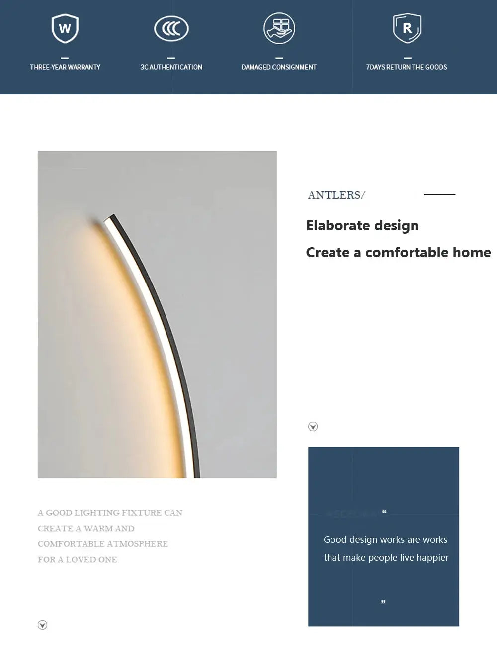 LED wall lamp, modern curved black fixture with warm light, 55/105 cm