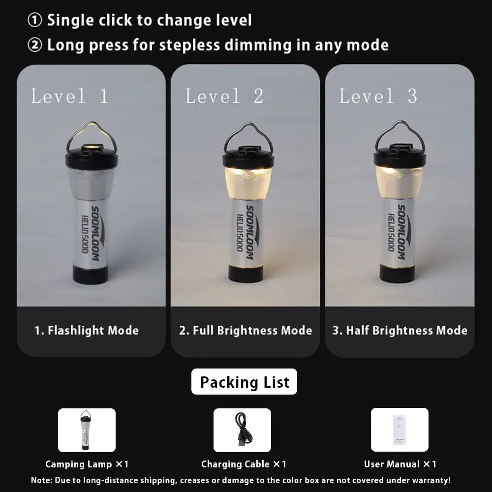 Soomloom Helio 5000 camping lantern; 3 brightness levels shown, packing list: 1 lamp, 1 charging cable, 1 manual