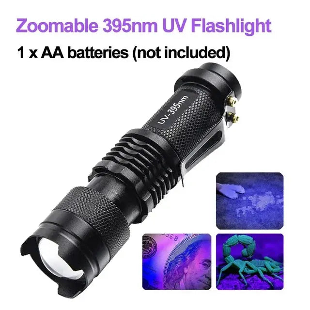 Dual Wavelength UV Flashlight 365Nm 395Nm Portable Mini Torch Zoomable Violet Light Pet Urine Scorpion Detector