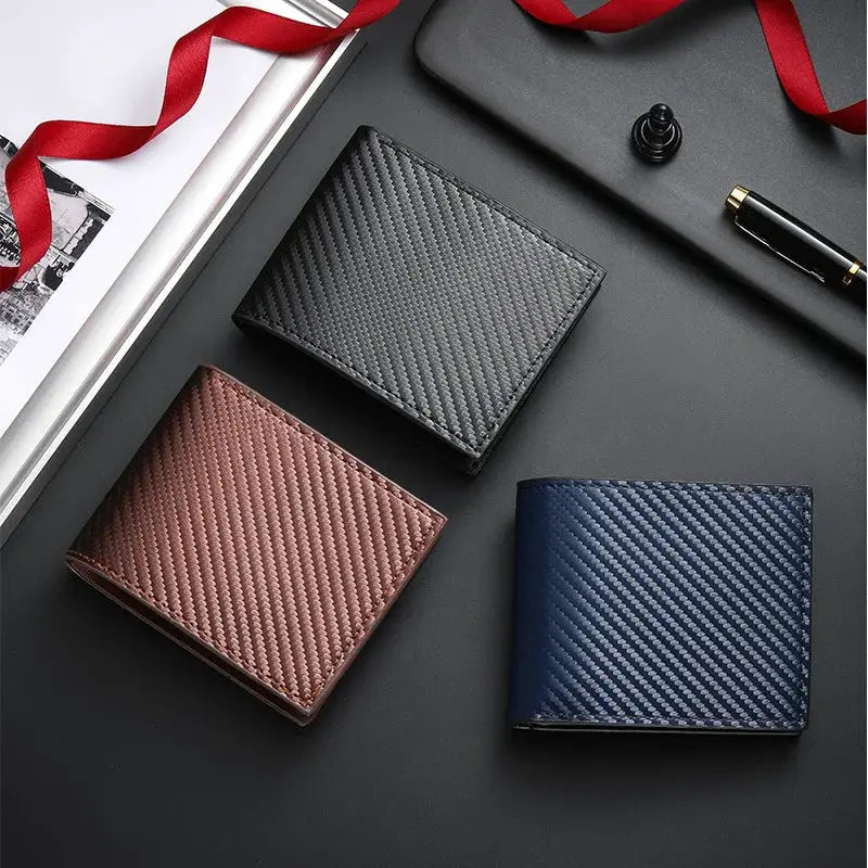 Simples Market men's carbon fiber short wallet with integrated zipper coin pocket; set of 3 in black, brown and blue