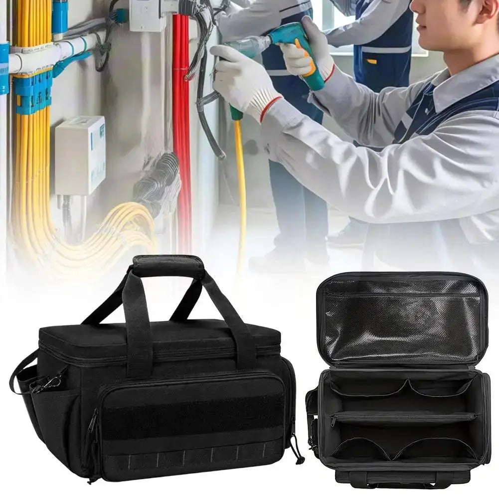 High-capacity tool storage bag and pocket organizer; black with padded base and comfortable handle Simples Market