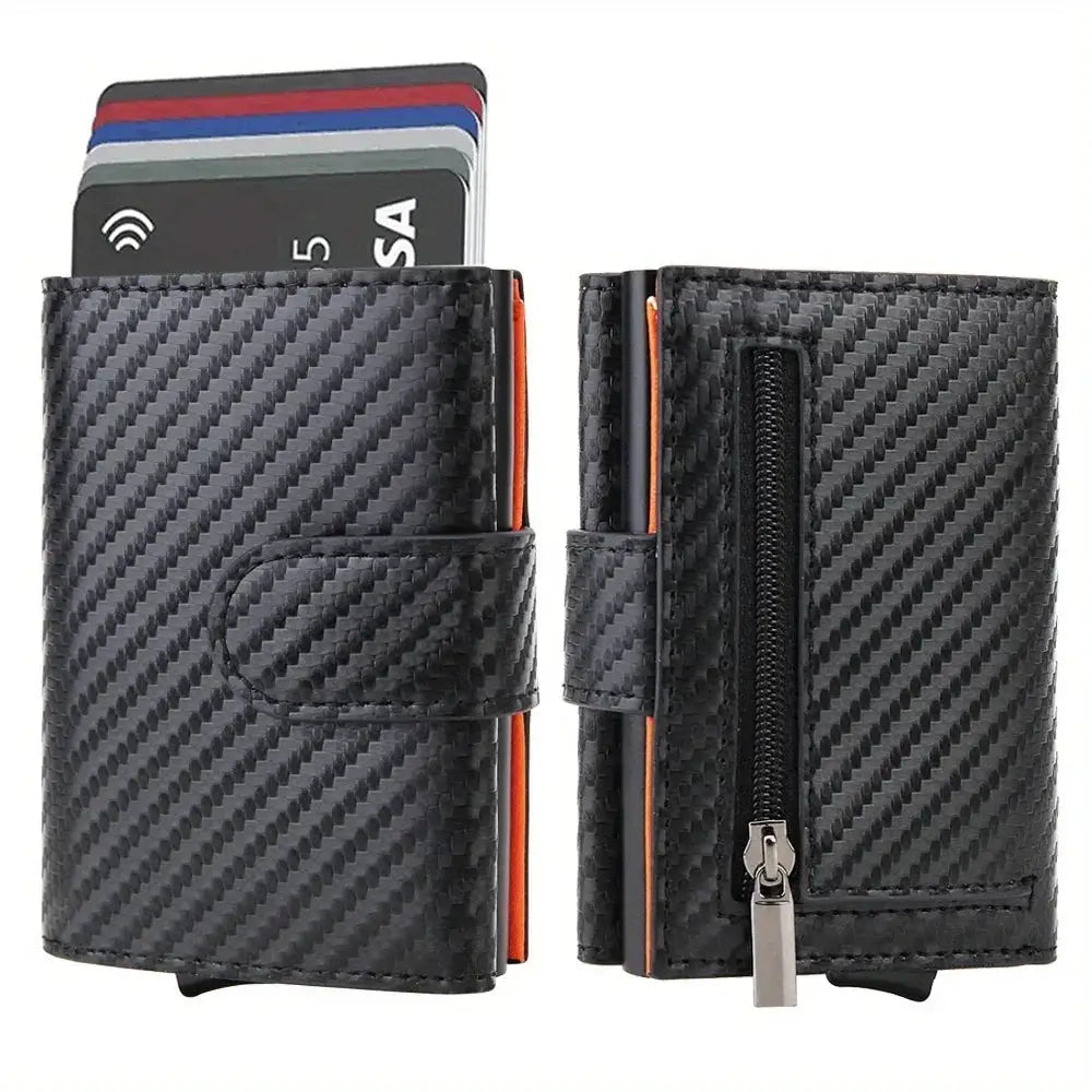 RFID microfiber leather men's wallet with carbon-fiber texture, card slots, snap strap and zippered coin pocket