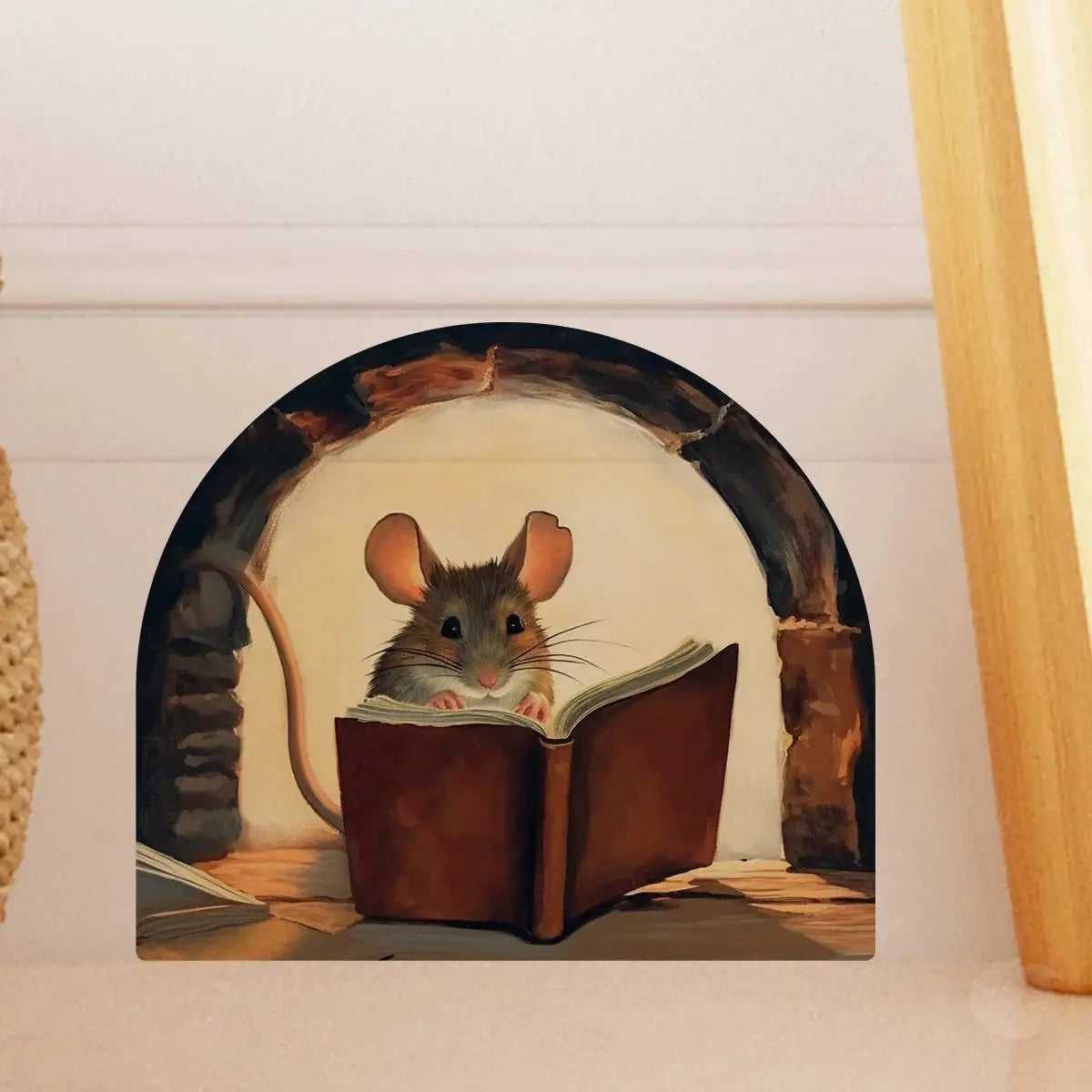 3D Effect Personalized Mouse Hole Sticker With Reading White Mouse Peeking From Flower Branch For Home Decor