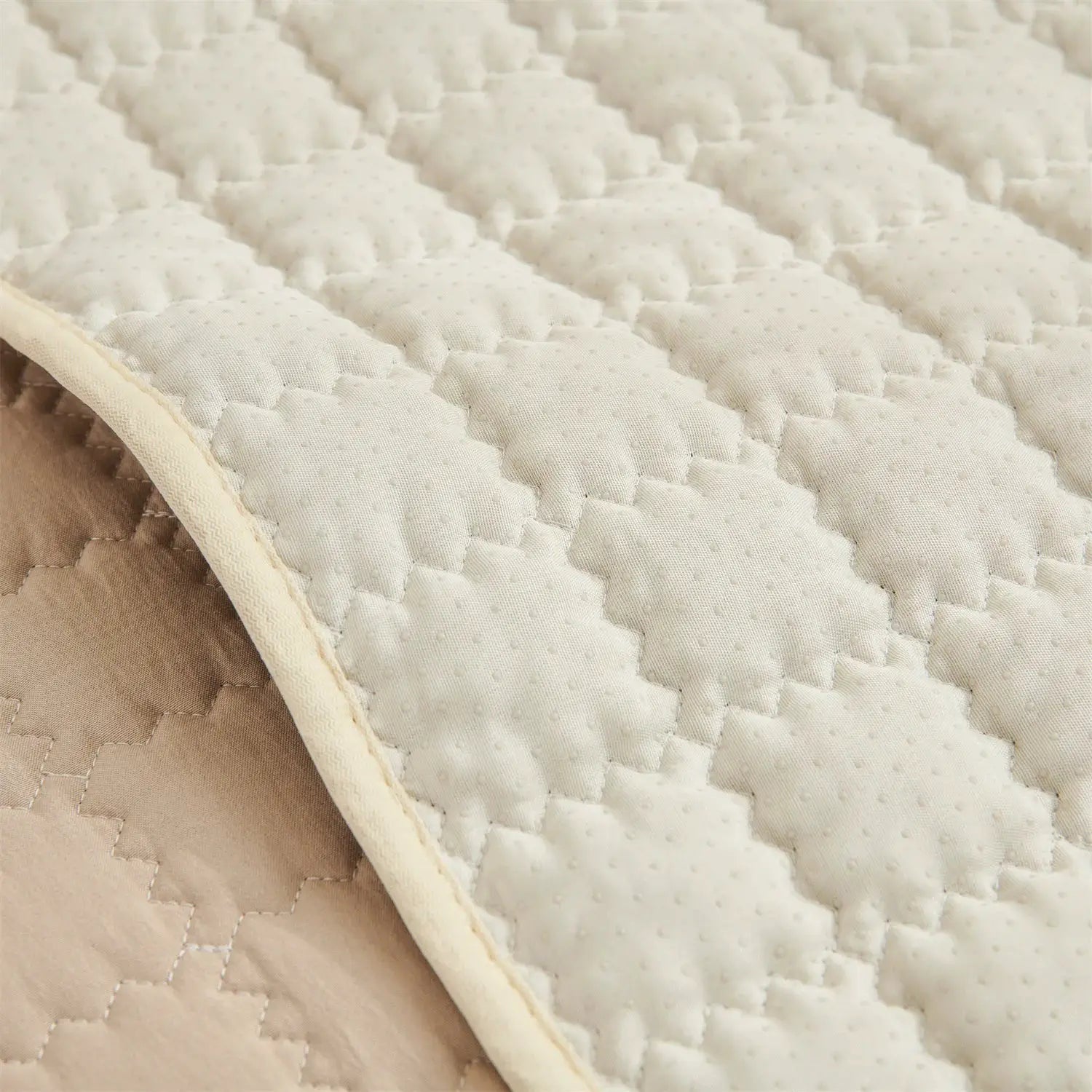 Sofa cushion cover by Simples Market, cream quilted fabric with beige reverse and piped edge