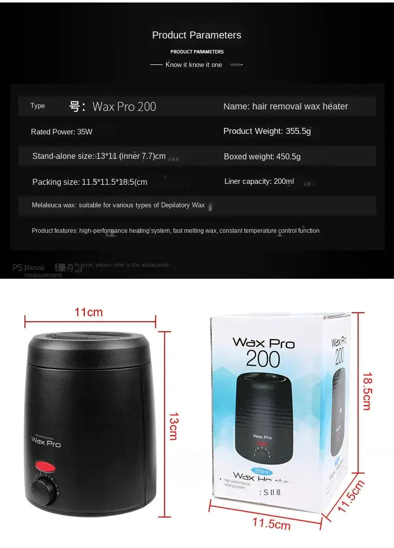 Wax Pro 200 wax heater by Simples Market, black 200ml paraffin warmer with dial, shown with its box