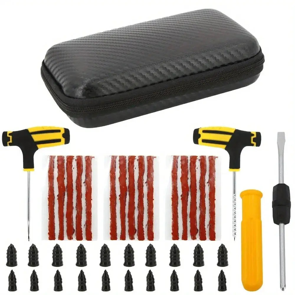 Emergency tire repair kit by Simples Market in a black zip case with yellow-handled tools and red repair strips