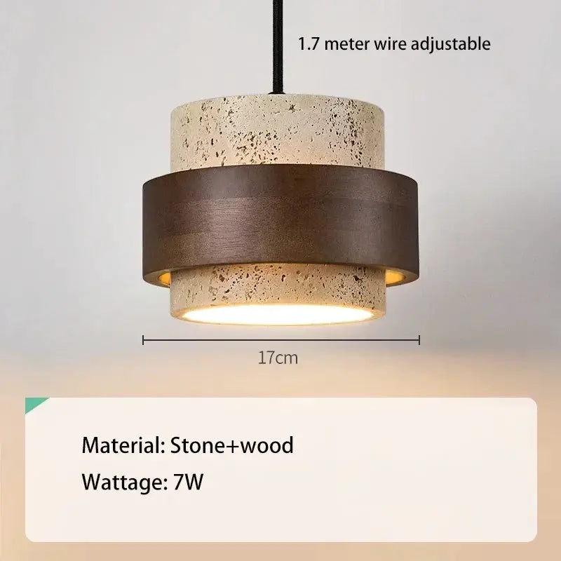 LED pendant lamp stone+wood with walnut finish, 17 cm diameter, 7W, hanging fixture for bedroom, bar, or restaurant