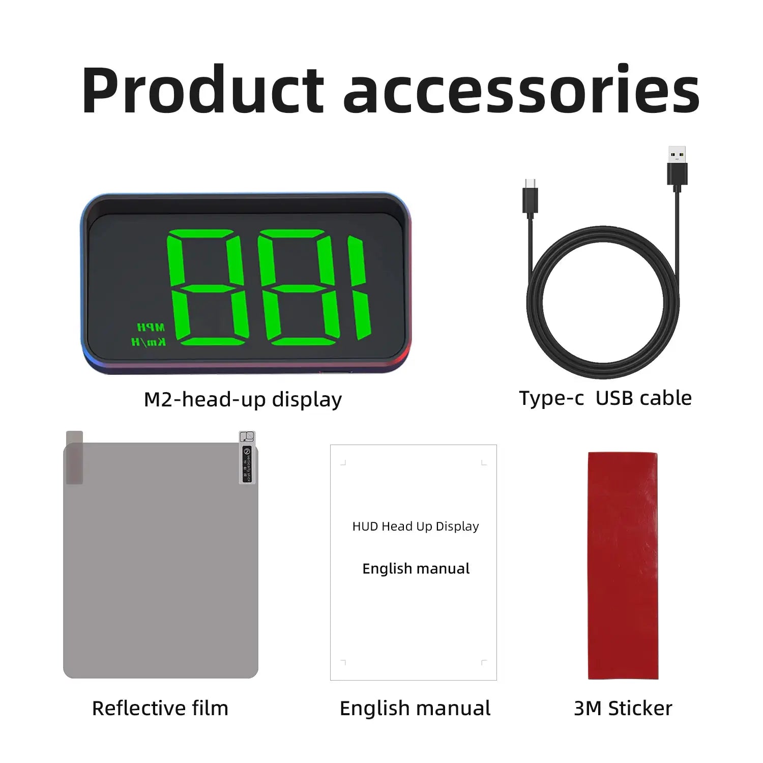 HD Car Head up Display M2 GPS HUD with Type-C USB cable, reflective film, English manual, 3M sticker