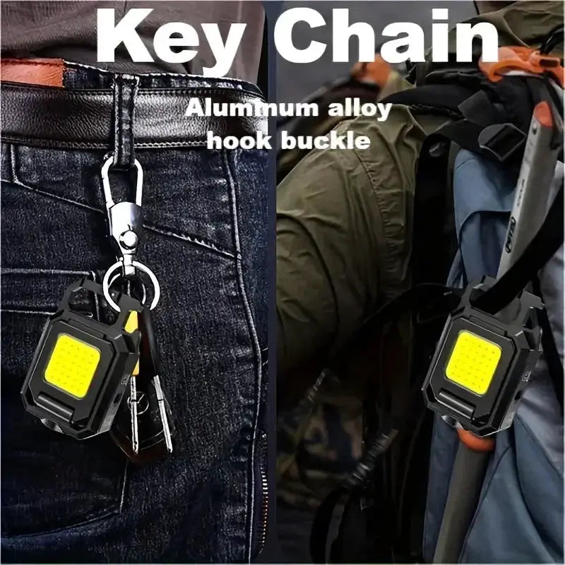 Mini keychain flashlight with COB LED, USB rechargeable, black case with yellow LED panel and 90° foldable side lights