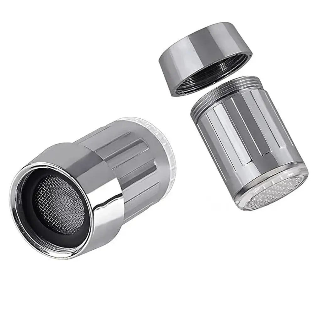 LED faucet aerator head 2-piece set with 3-color-changing LED glow, chrome finish, Simples Market