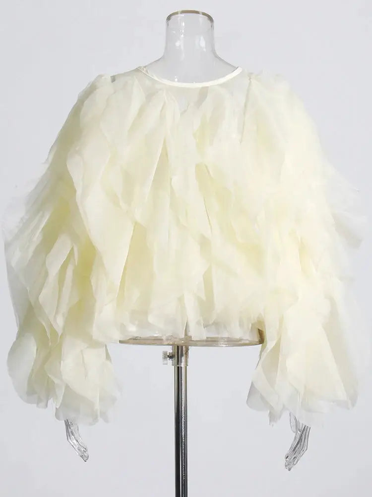 Twotwinstyle Elegant Patchwork Ruffles Chiffon Blouse O Neck Lantern