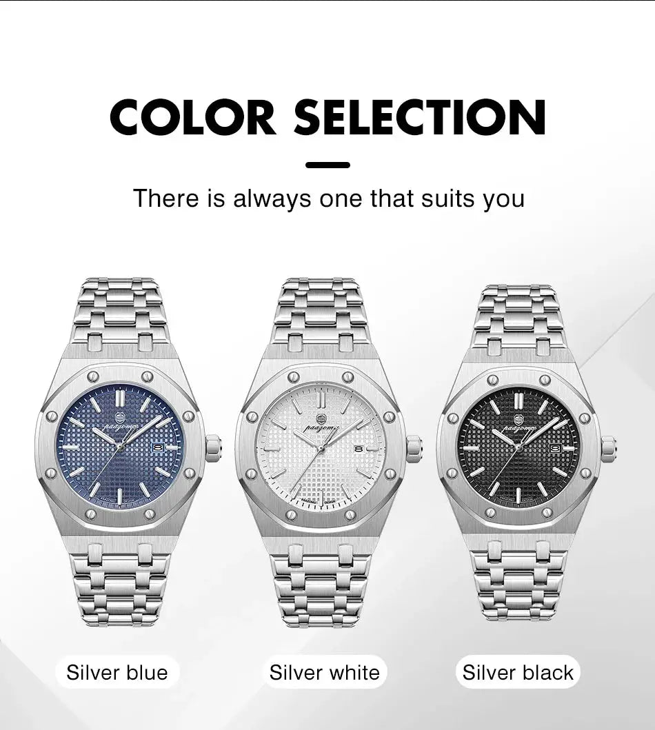PAAZOMU luxury square men's quartz watches, three stainless steel timepieces in silver blue, silver white, and silver black.
