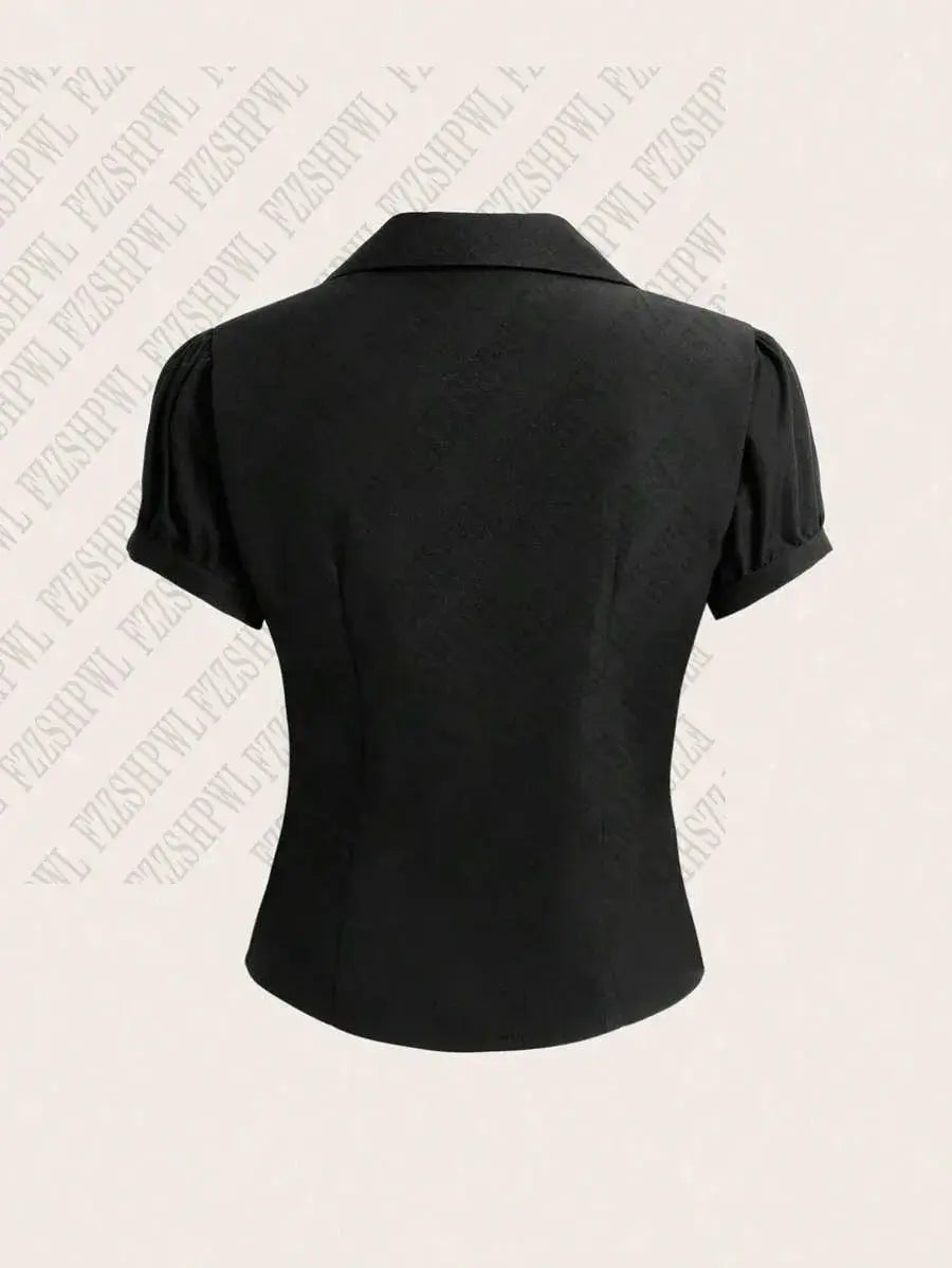 Black women's short-sleeve blazer-style top with a fitted waist, back view.