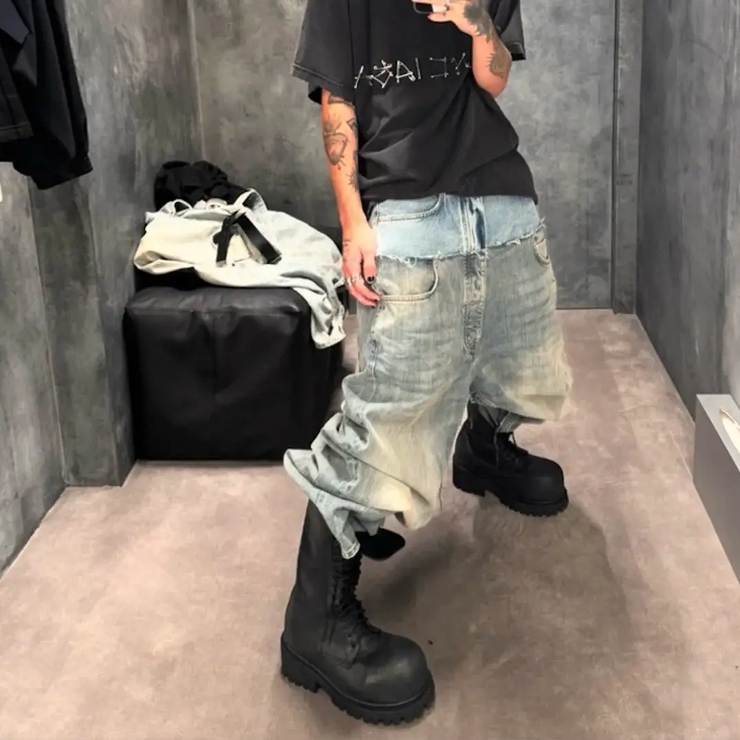 Simples Market CUT-UP double-layer patchwork baggy jeans, light-wash denim, oversized straight-leg fit