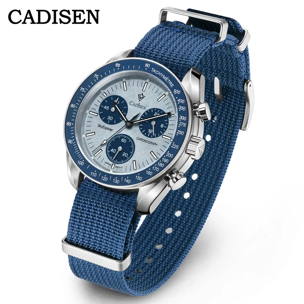 CADISEN men's watch with blue dial, chronograph subdials, stainless steel case, blue canvas strap