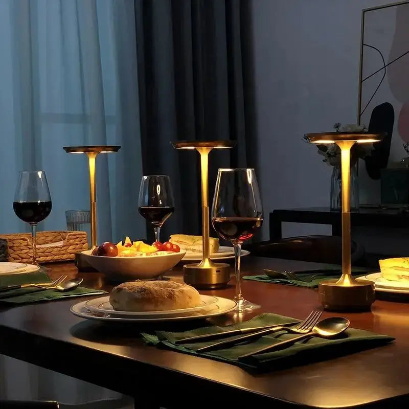 Wireless dimmable decorative table lamps by Simples Market, set of four in brass finish with touch control.