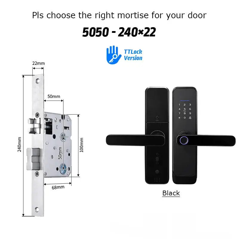 Two locks: metal mortise lock and black TTLock Version smart door lock with keypad