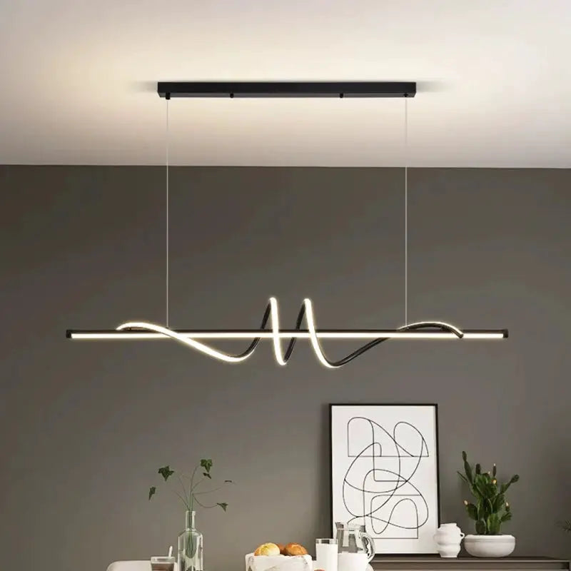 Simples Market modern LED pendant light with a black linear bar and sculptural neon-wave curve, ceiling-mounted