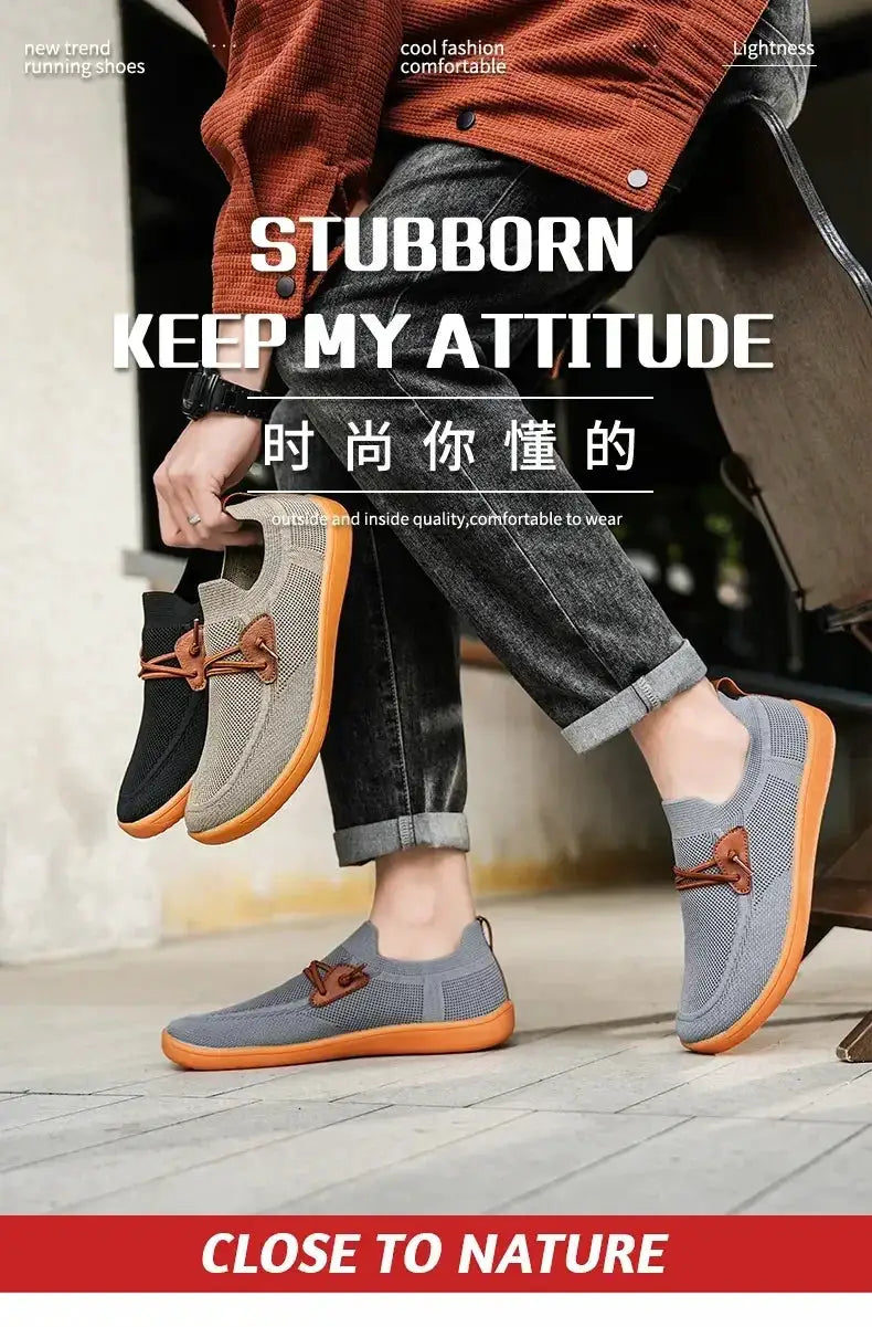 Barefoot minimalist shoes; gray knit with orange sole and beige knit with orange sole; two colorways on display