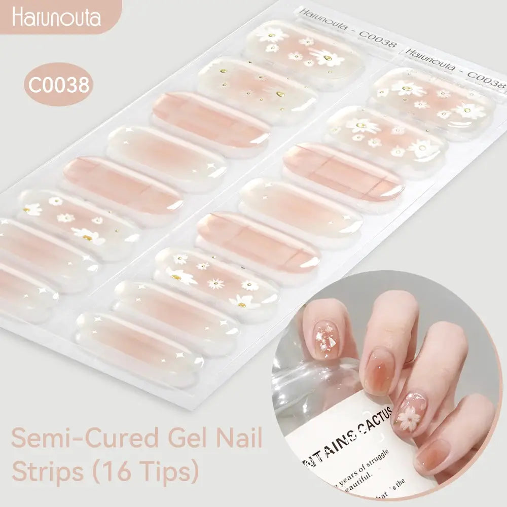 Gel nail strip set gradient auroras, 16 semi-cured tips with pink gradient and white daisies