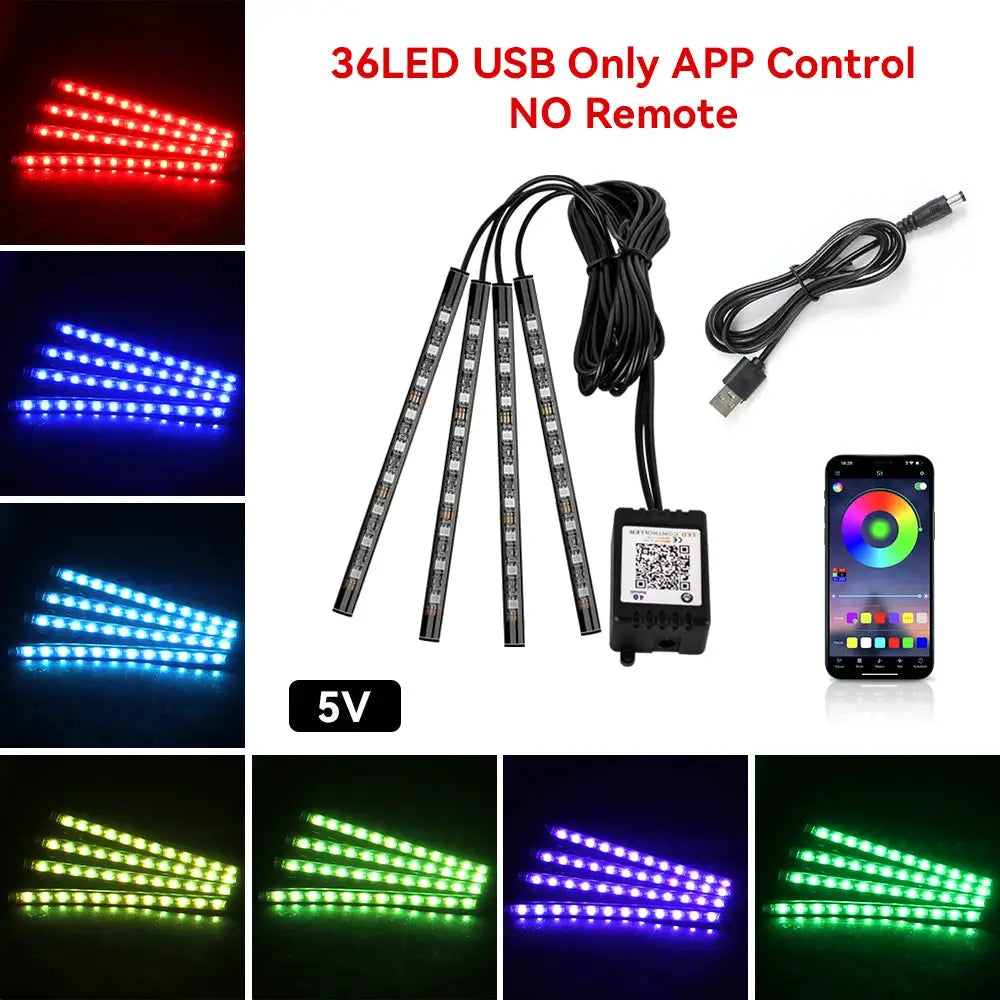 Neon 36 48 72 LED Car Interior Ambient Foot Light Kit RGB With Remote App And Music Sync Control