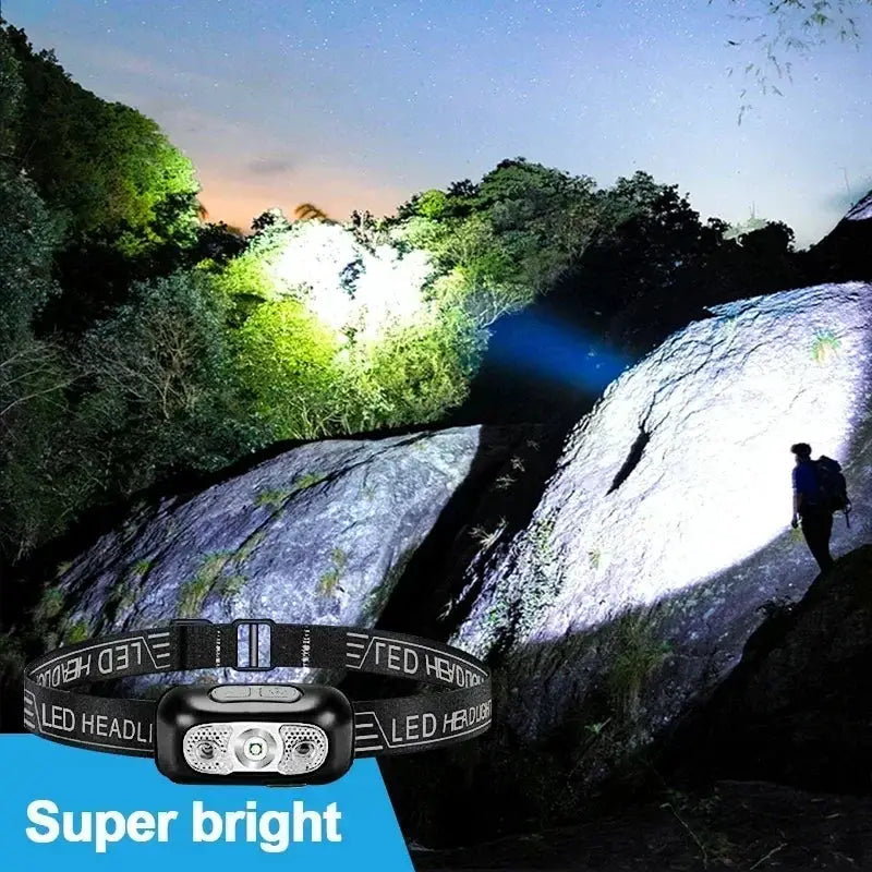 Strong Light Sensor USB C Rechargeable LED Headlamp Hands Free Portable For Camping And Outdoor Activities