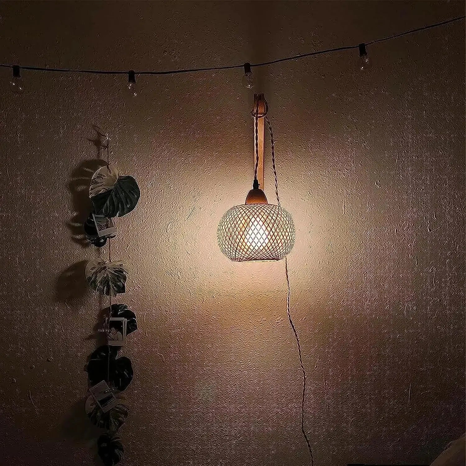 Bamboo lantern pendant lamp in natural rattan, hand-woven with E27 bulb, warm glow