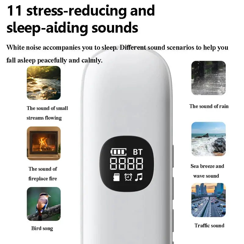 Under Pillow Bone Conduction Bluetooth Speaker by Simples Market, white with LED display; six ambient options shown.